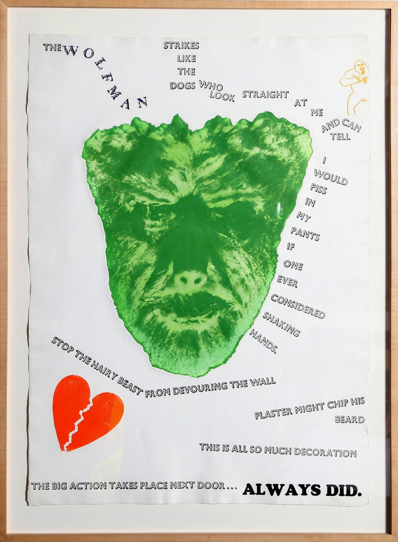 Künstler: Jim Dine, Amerikaner (1935 - )
Titel: Wolfsmensch (Mauer) 
Jahr: 1967
Medium: Aquatinta-Radierung, mit Bleistift signiert und nummeriert
Auflage: 25/120
Größe: 31 in. x 22 in. (78,74 cm x 55,88 cm)
Rahmen: 35.5 x 26 Zoll