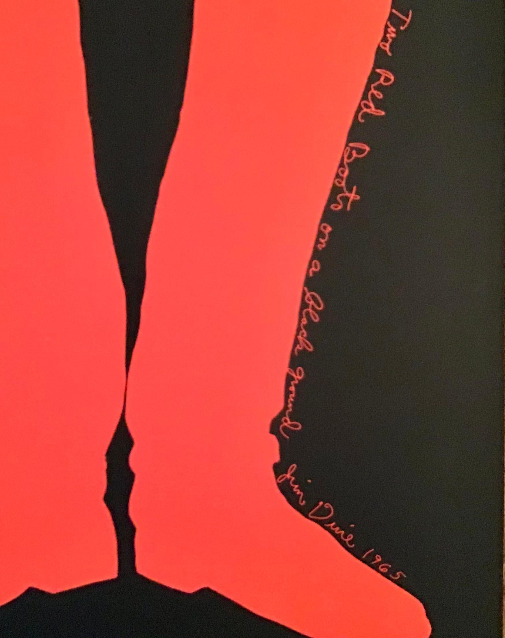 1965 Serigraph by artist, Jim Dine. Signed, titled and dated in the plate 'Two Red Boots on a Black Ground Jim Dine 1965.' Printed marks to verso Silk Screen from Banner by Jim Dine for Multiples Inc. 1968. Not framed.