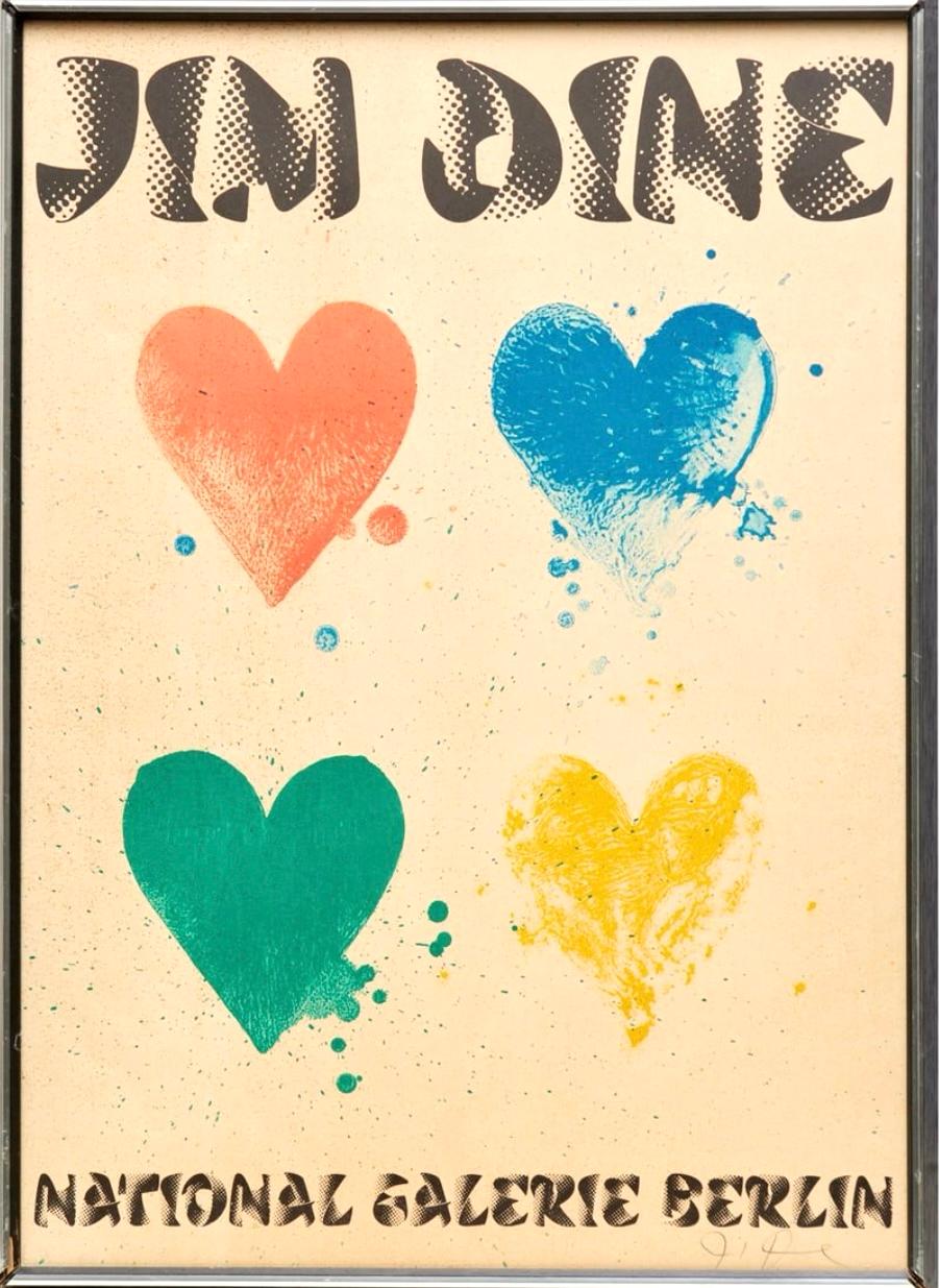 Gerahmt und signiert, nach Jim Dine, lithographiertes Ausstellungsplakat für die Ausstellung der National Galerie Berlin 1971. Auf Arches-Papier. Gleichmäßige, gealterte Tonung auf dem Papier, klare Signatur, Metallrahmen. 