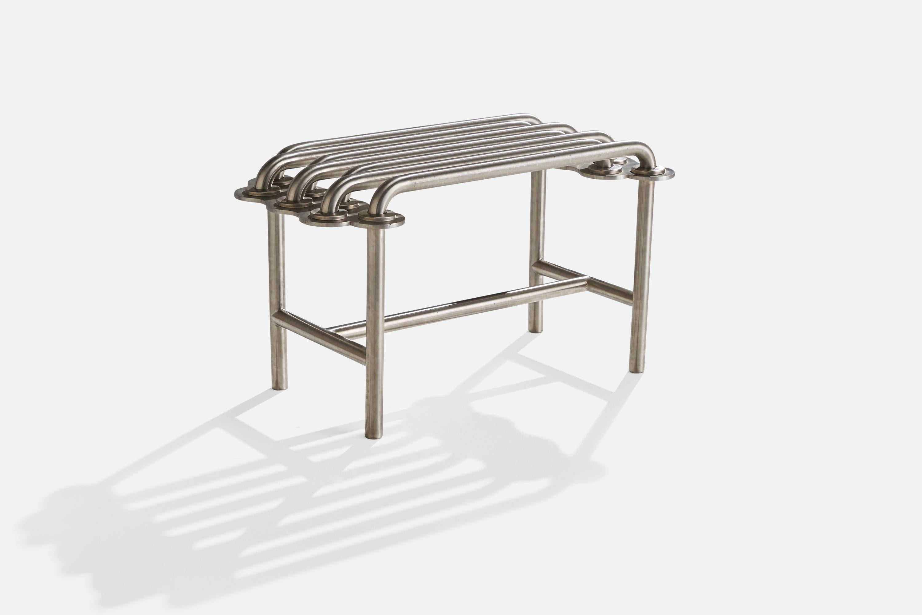 A unique stainless steel and aluminum bench designed and produced by Jim Drain, USA, 200s.

seat height 22.45 inches