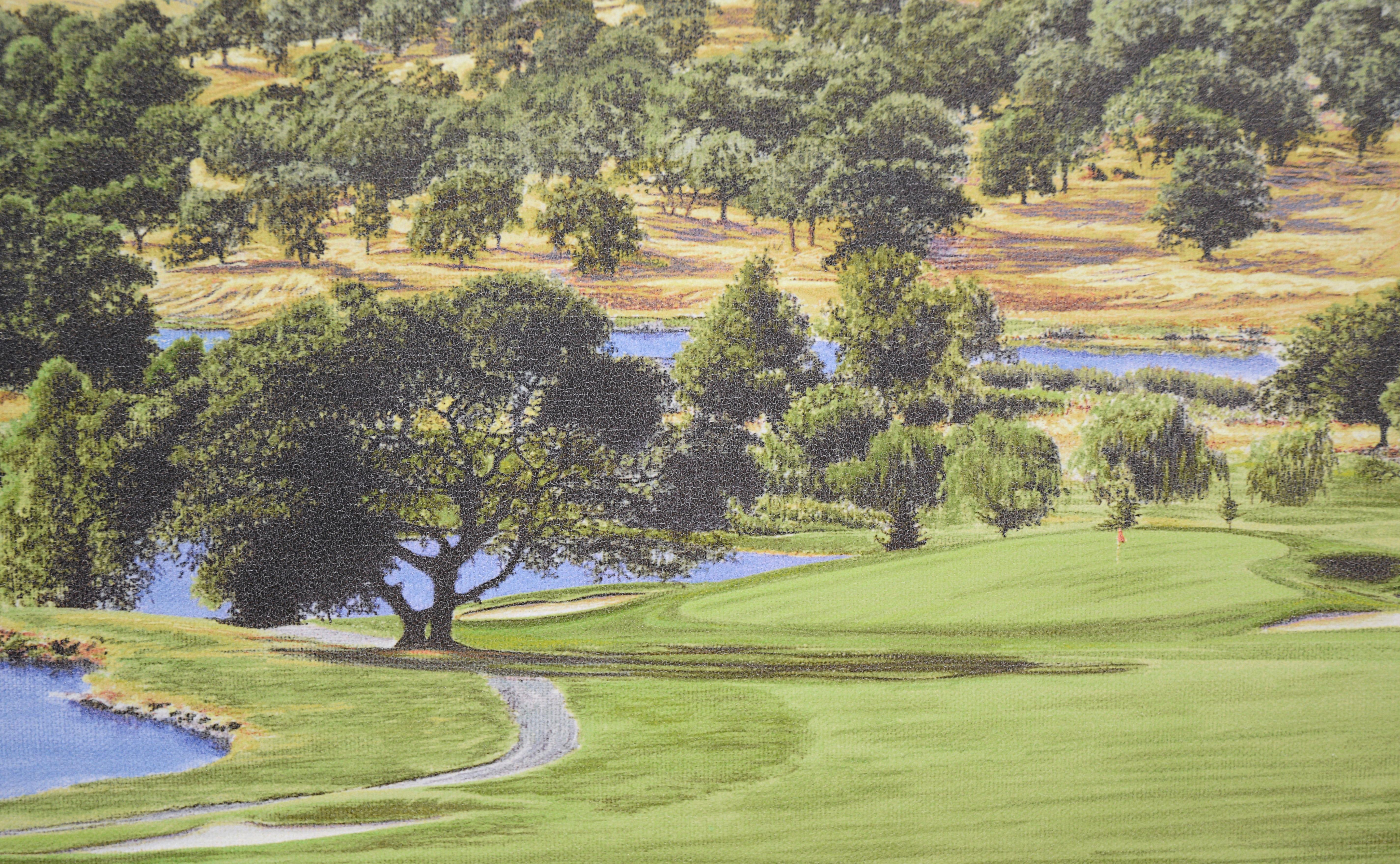 The Tenth Hole at Auburn Valley Golf Course - AP, 1/50 - Giclee on Canvas

Serene depiction of Auburn Valley Golf Course and the surrounding hills by Jim Fitzpatrick (American, b. 1947). The viewer is standing facing the flag at the 10th hole, with