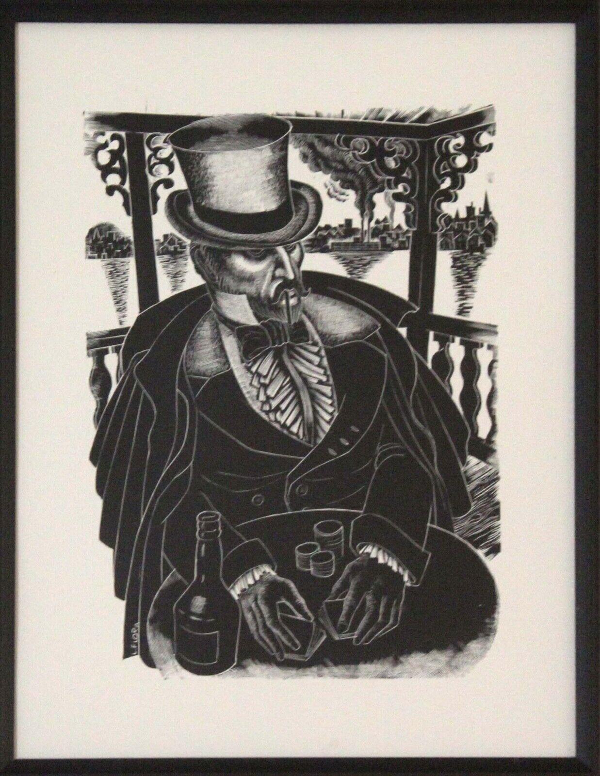 Le Shoppe Too in Michigan is offering a fanciful woodcut print depicting a distinguished gentleman shuffling playing cards by Jim Flora. Signed in the plate on the lower left. The style in which the woodcut was created is a nod to early 20th century