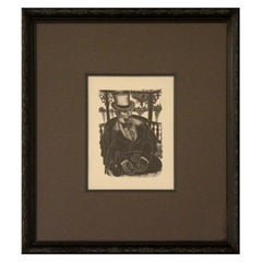 Vintage Jim Flora Modern Woodcut Print Untitled Gentleman Shuffling Cards Framed