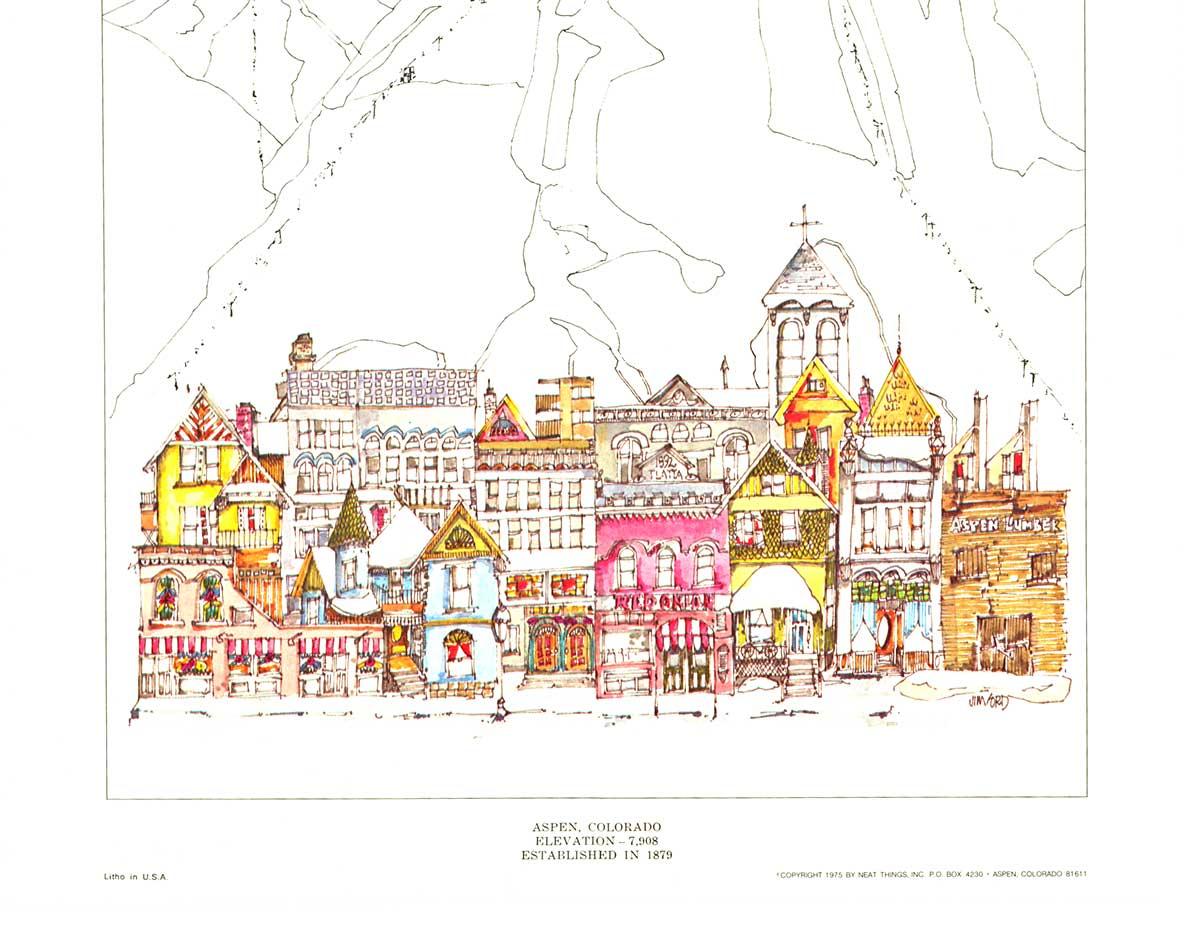 Cartel original de 1975 sobre la ciudad y las Montañas Rocosas de Aspen, Colorado - Print de Jim Ford