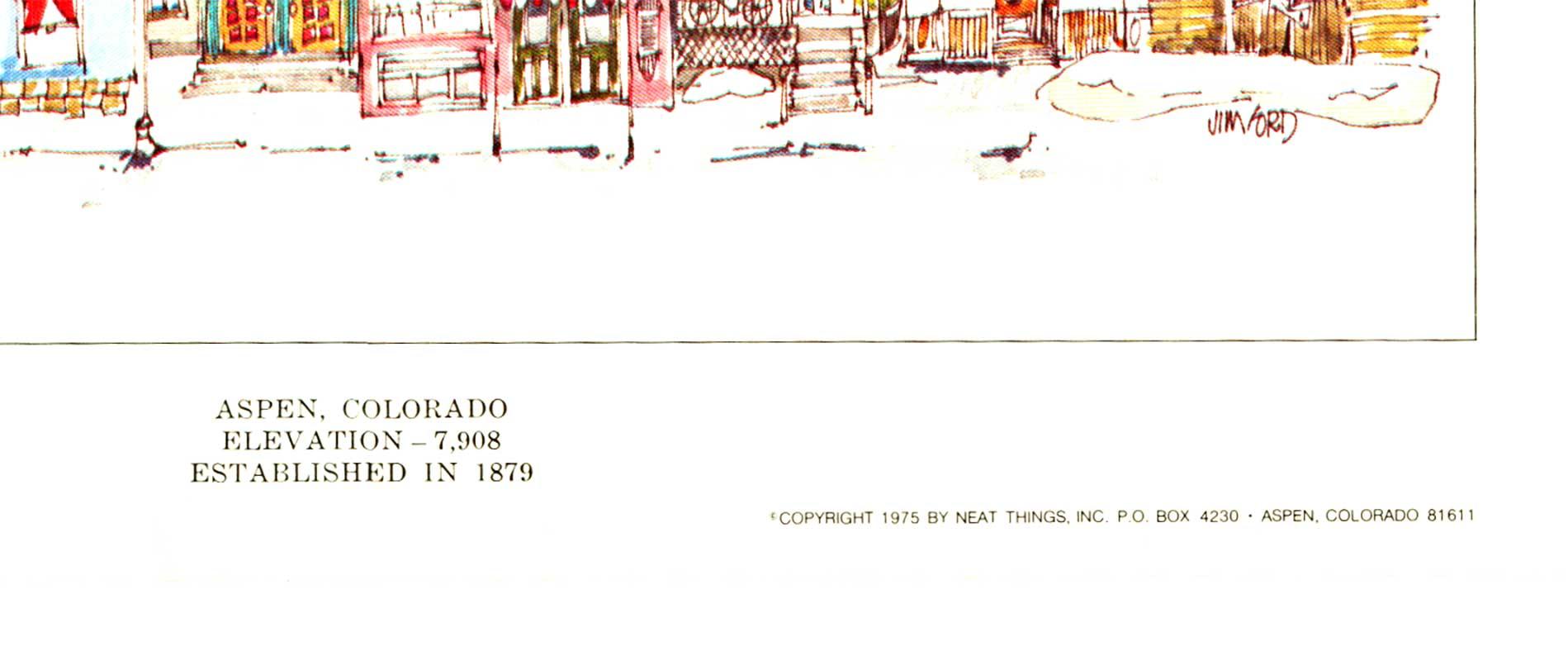 Cartel original de 1975 sobre la ciudad y las Montañas Rocosas de Aspen, Colorado - Print moderno estadounidense de Jim Ford