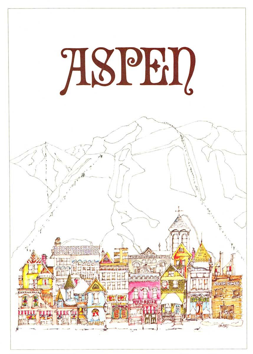 Cartel original de 1975 sobre la ciudad y las Montañas Rocosas de Aspen, Colorado - Print Beige de Jim Ford