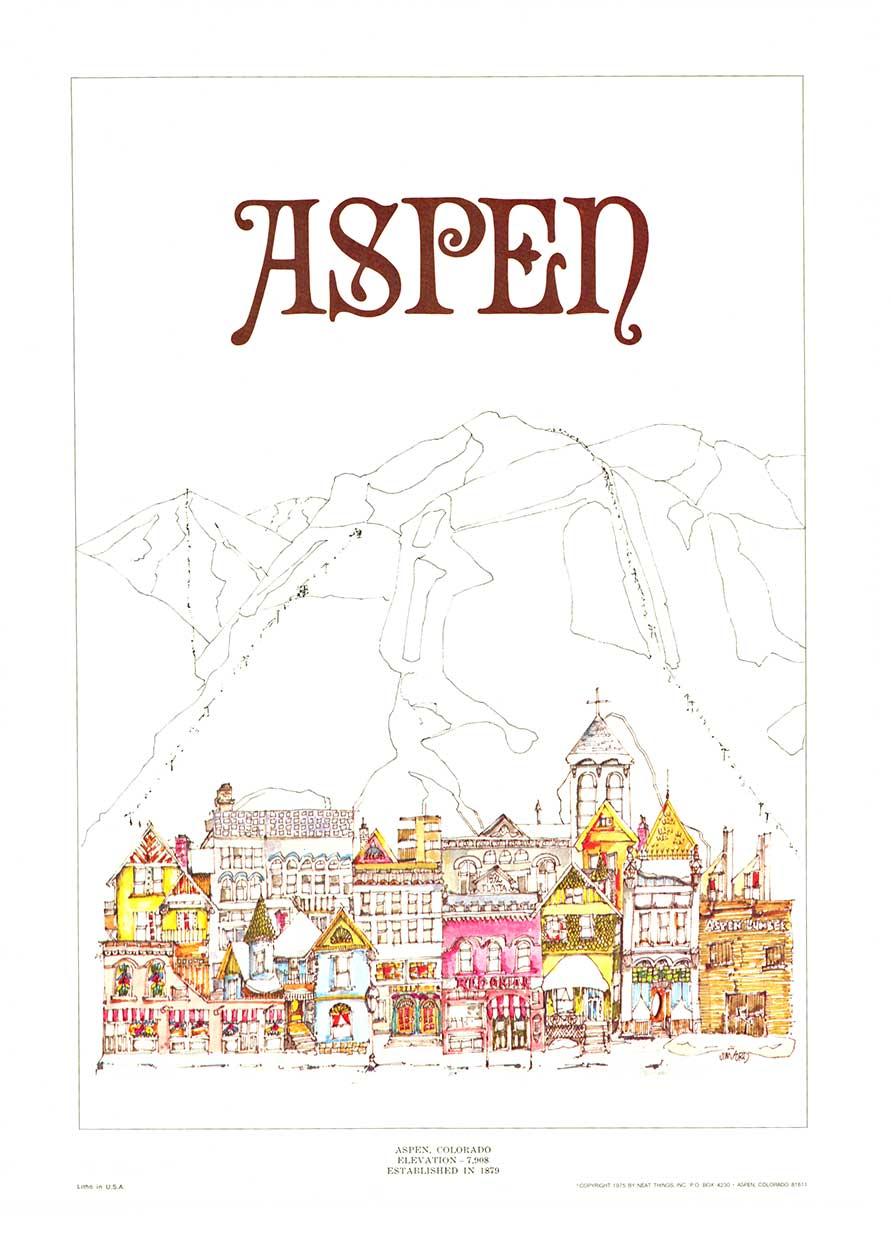 Poster d'epoca originale del 1975 di Aspen, Colorado, città e montagne rocciose