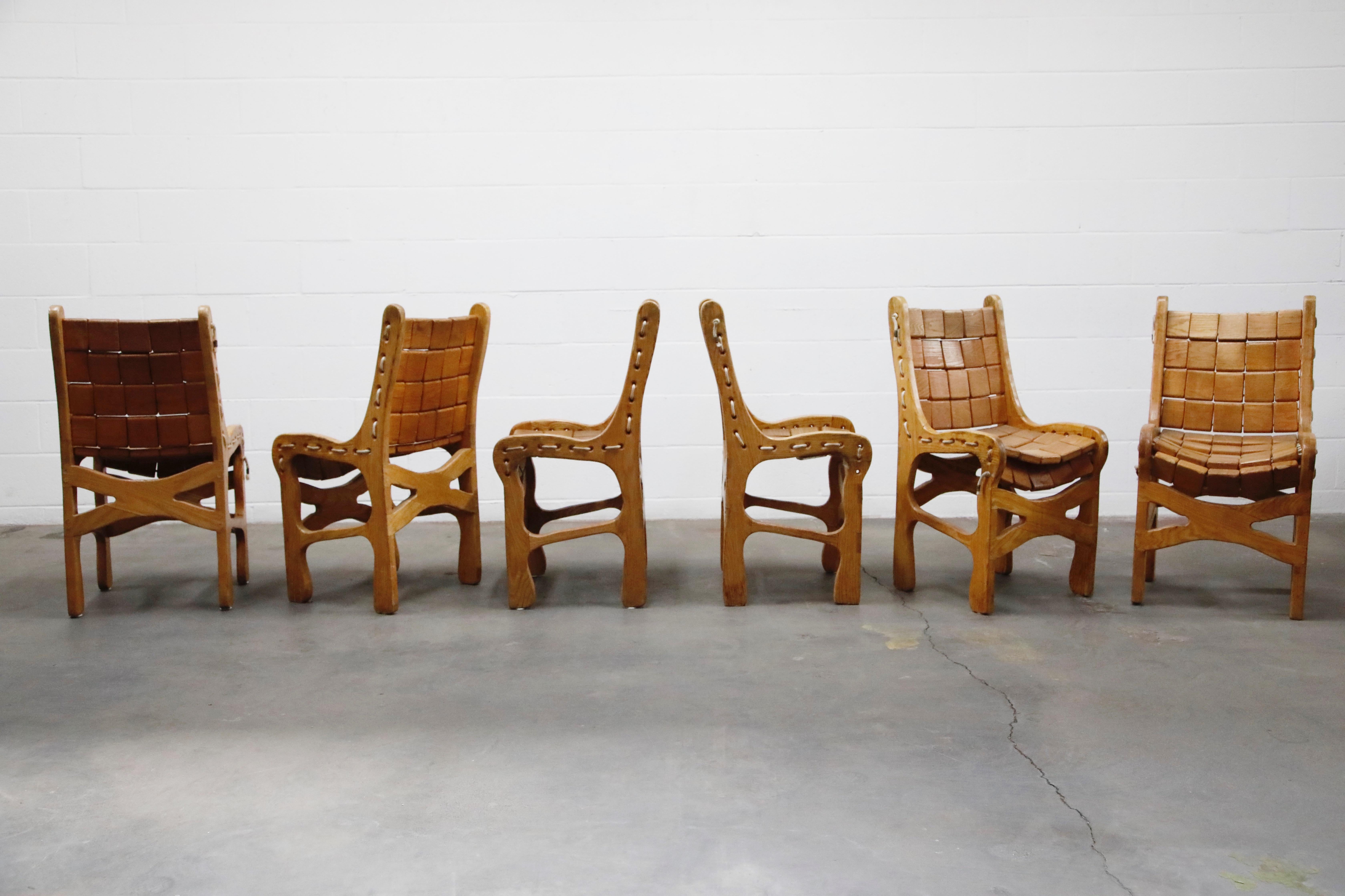 These unique and interesting wood block chairs are by craftsman Jim Geier for his Vermont Folk Rocker Company, circa 1970s. Crafted from oak and rope, this set of 6 Shaker styled chairs are priced as a set. 

From Vermont Folk Rocker website: The
