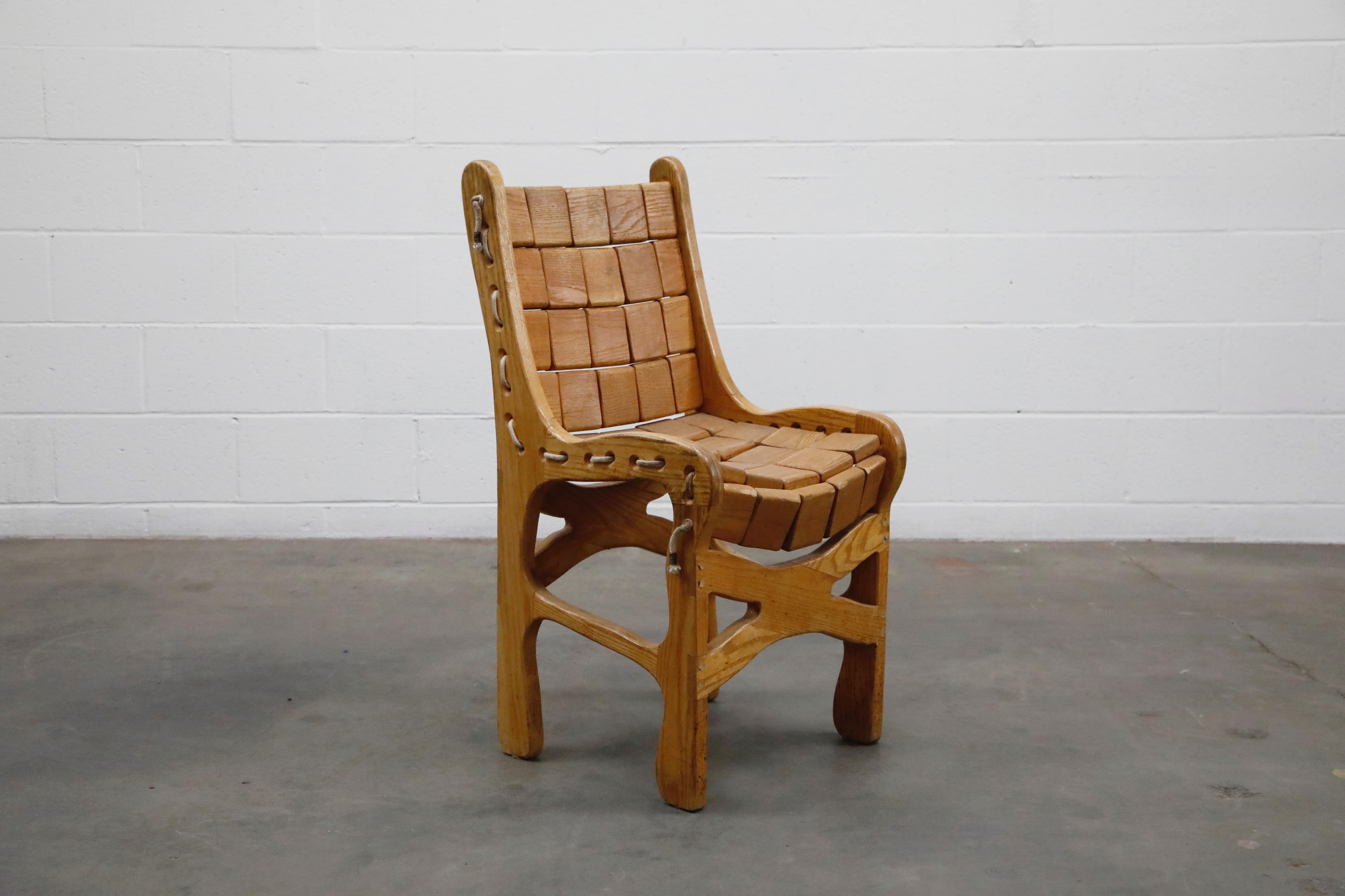 American Jim Geier for Vermont Folk Rocker Craftsman Oak Wood Block Dining Chairs, 1970s