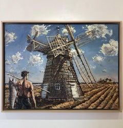 JIM GINGERICH "Windmill" oil painting landscape with shirtless figure in field