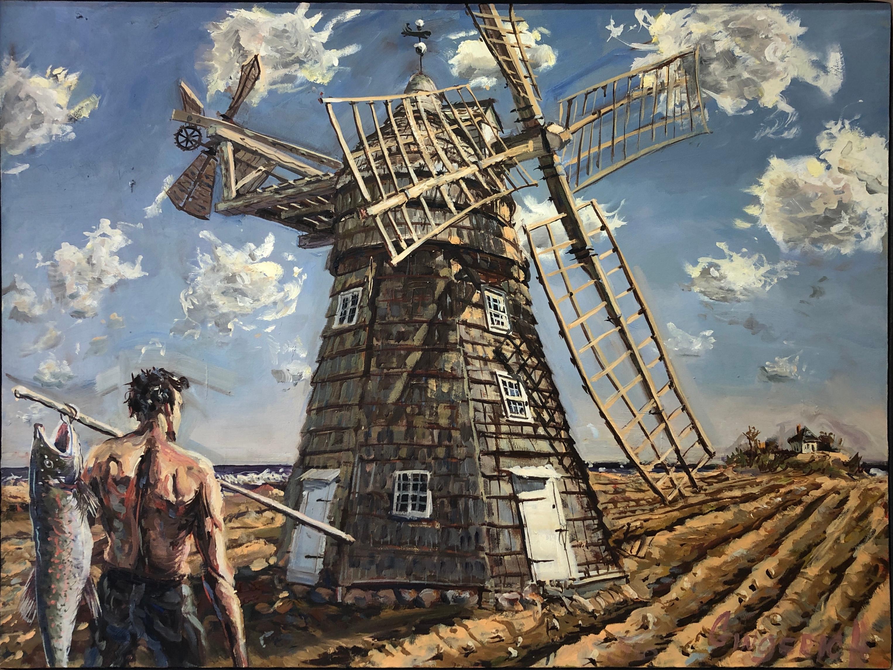 Jim Gingerich Landscape Painting - JIM GINGERICH "Windmill" oil painting landscape with shirtless figure in field