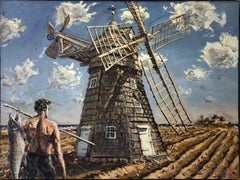 JIM GINGERICH "Windmill" oil painting landscape with shirtless figure in field