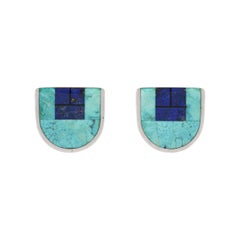 Retro JIM HARRISON Navajo Artisan Silver Turquoise Lapis Inlay Signed Clip On Earrings