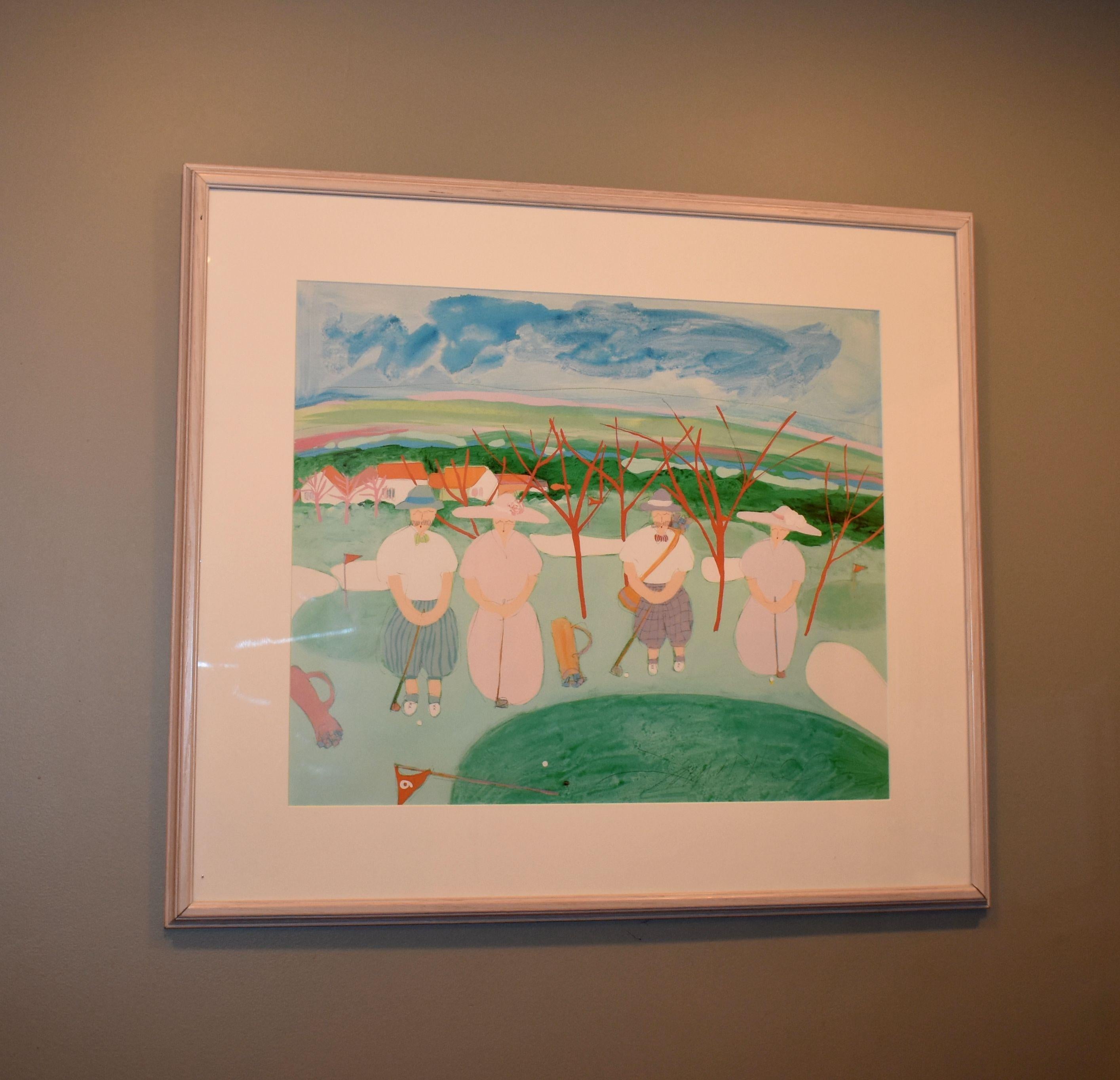 Hand signed in pencil limited edition golf scene lithograph by Jim Hill
Jim Hill is currently a professor of art at lone star college and Houston community colleges.
After receiving an from the university of Arkansas in 1978 Mr Hill moved to