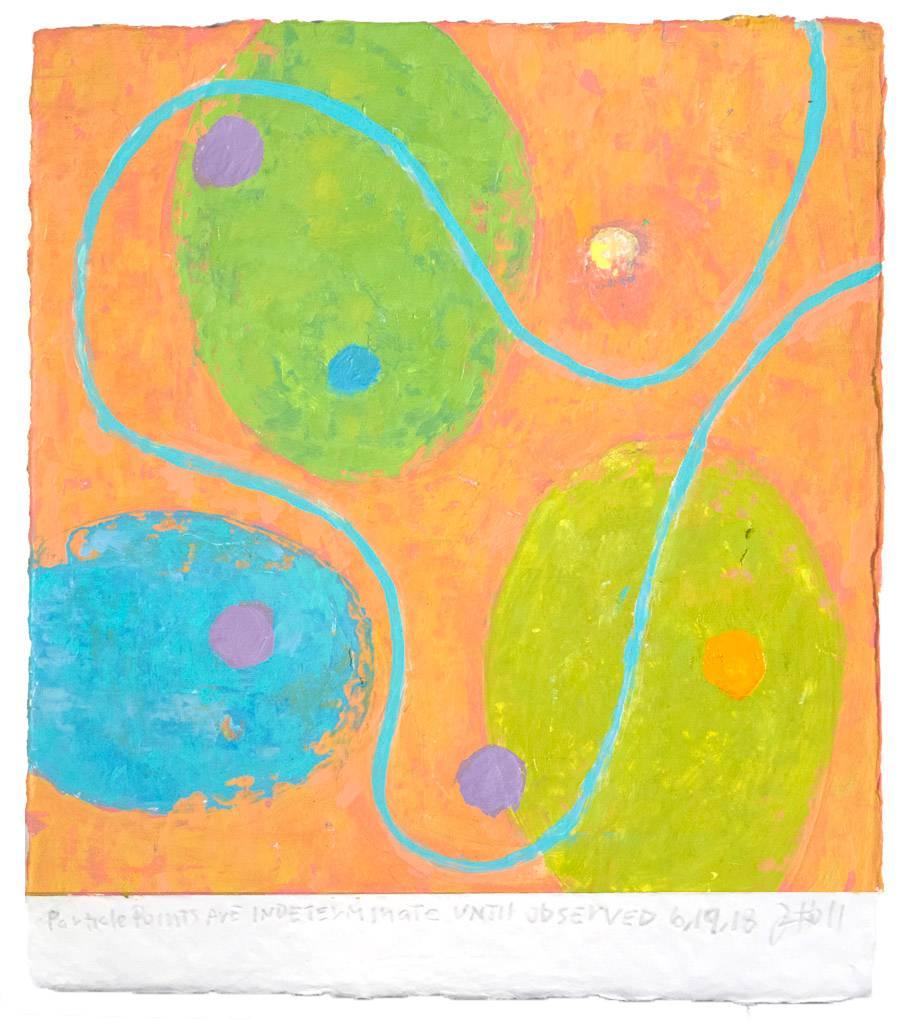 In Jim Holl's organic abstraction oil on paper painting, "Particle Points are Indeterminate Until Observed", 2018, color conveys content. The aspects of color in these paintings bring ambiguity to form. Form that appears in flux expresses the