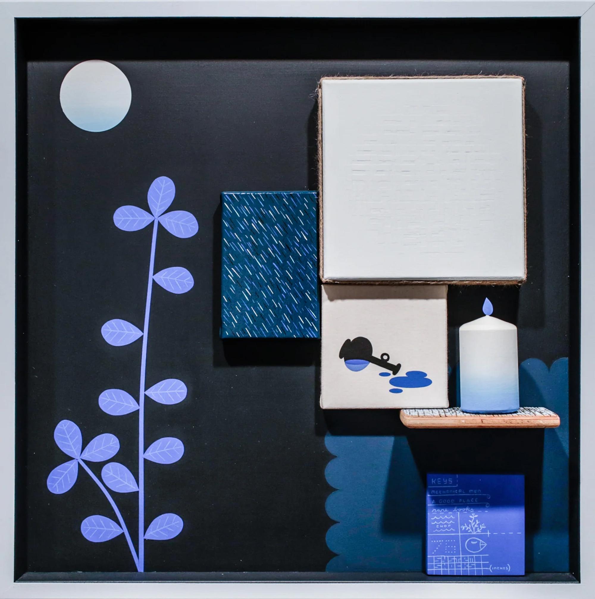 Jim Houser Abstract Sculpture - "A GOOD PLACE", Mixed Media Panel Assemblage with Candle, Plant, and Moon Motifs