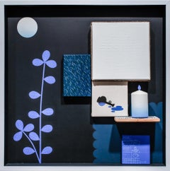 "A GOOD PLACE", Mixed Media Panel Assemblage with Candle, Plant, and Moon Motifs