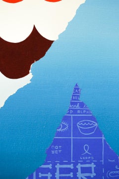 ""DANGER!"", Blaue, rote und weiße abstrakte Acrylfarbe und Collage auf Leinwand