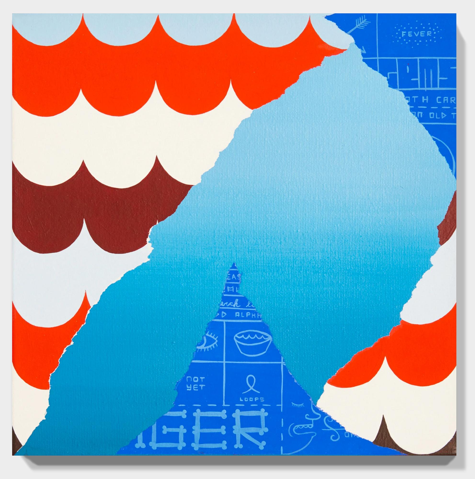« DANGER ! », peinture acrylique abstraite bleue, rouge et blanche et collage sur toile en vente 1