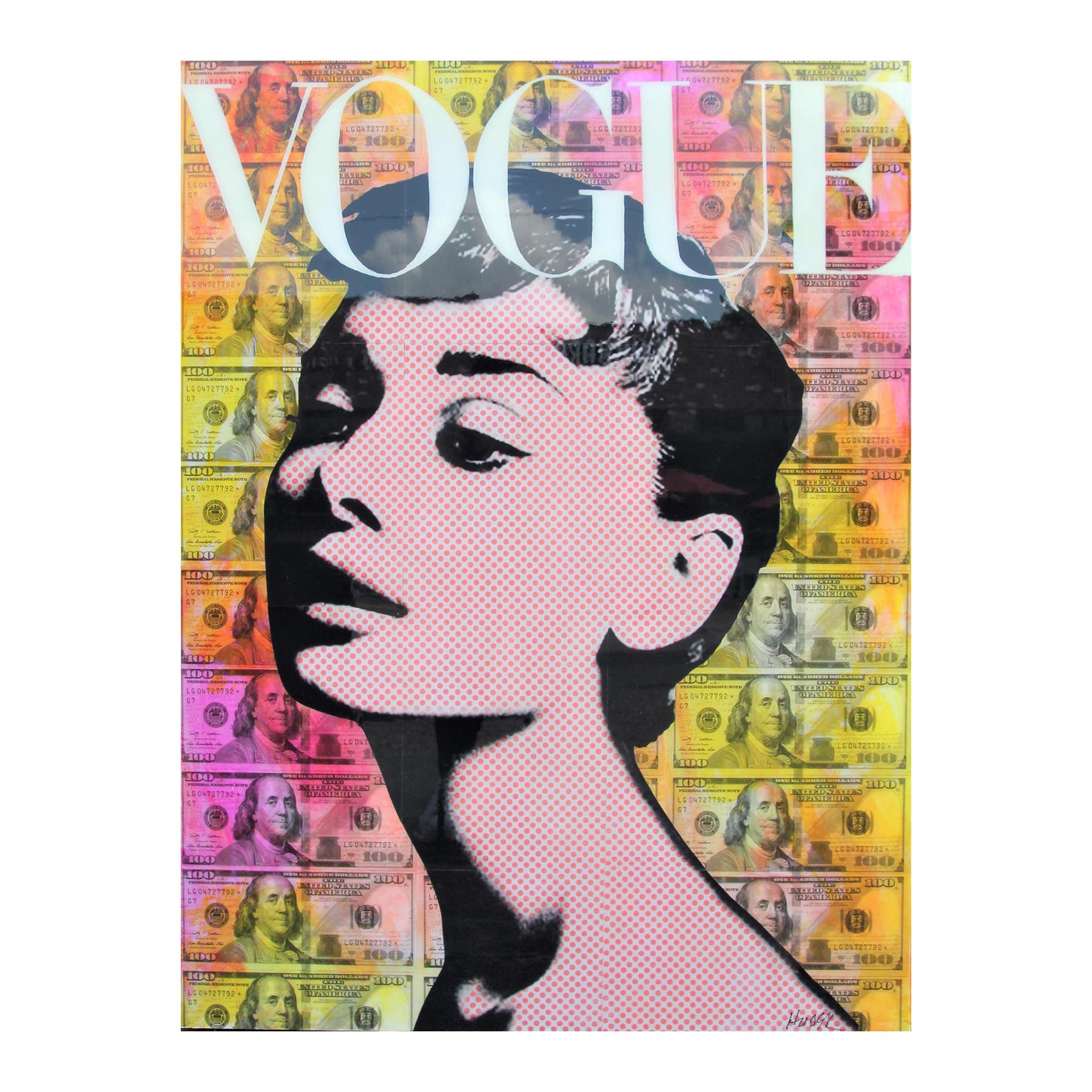 Jim Hudek Portrait Painting - "Audrey in the Money" Warm Toned Audrey Hepburn Mixed Media Pop Art Collage