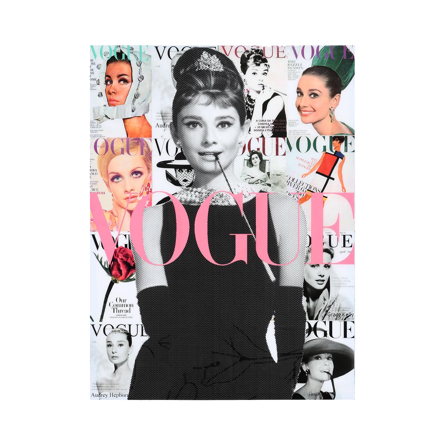 Audrey in Vogue Style Colorful Pop Art Resin Collage Audrey Hepburn Portrait - Contemporain Mixed Media Art par Jim Hudek
