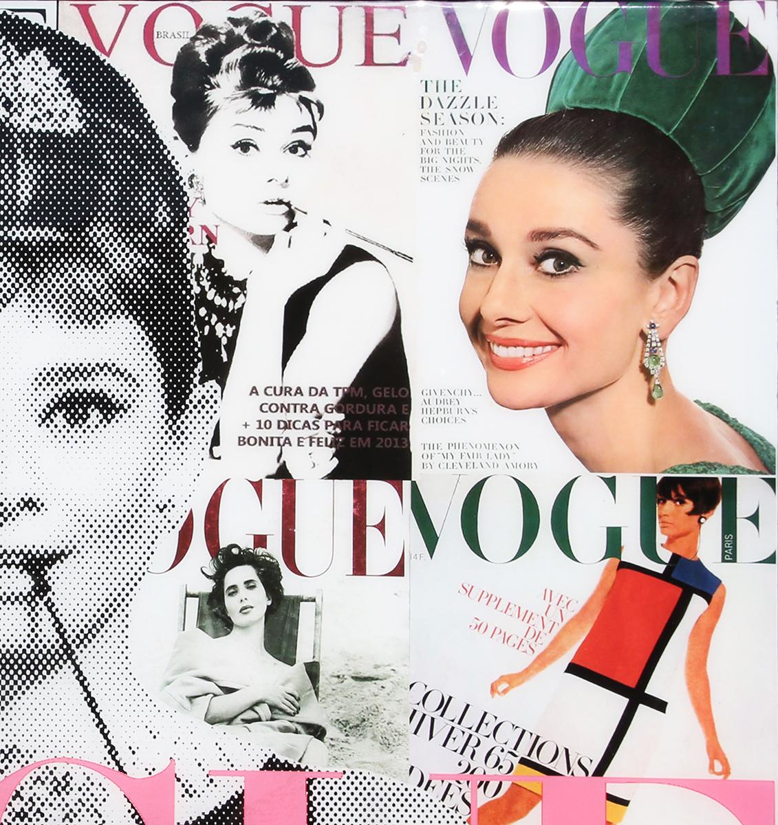 Portrait collage of cultural icon and actress Audrey Hepburn encased in resin. The background features a collection of pop cultural magazine prints as well as the iconic Vogue Magazine logo along the upper margin. Signed by the artist in the front