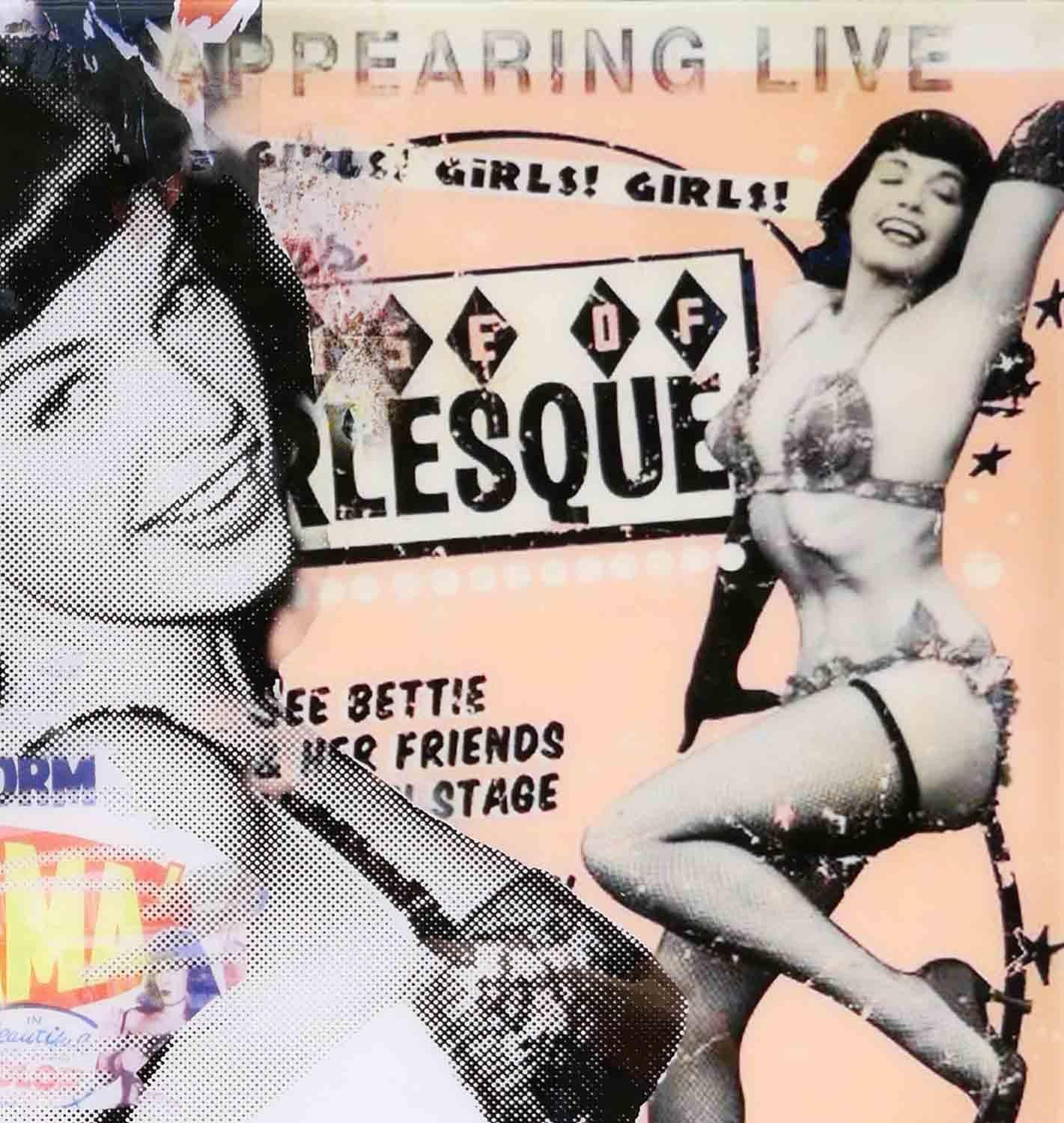 Black, white, and light pink pop art mixed media collage by Houston, Texas artist Jim Hudek. Digitally printed black and white image of Bettie Page against a background of magazine cutouts. Board coated with clear resin. Signed in the front lower