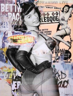 Collage Pop Art contemporain noir, blanc et rose Portrait de Bettie Page