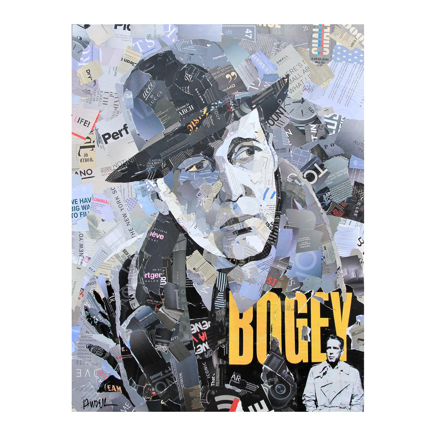 Jim Hudek Portrait Painting - "Bogey" Black, Gray, & Yellow Contemporary Mixed Media Pop Art Collage Portrait