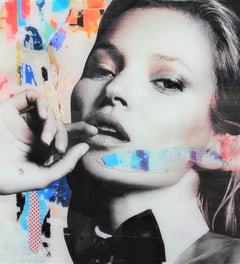 "Bunny Cover Girl" Colorful Neon Kate Moss Mixed Media Pop Art Resin Collage