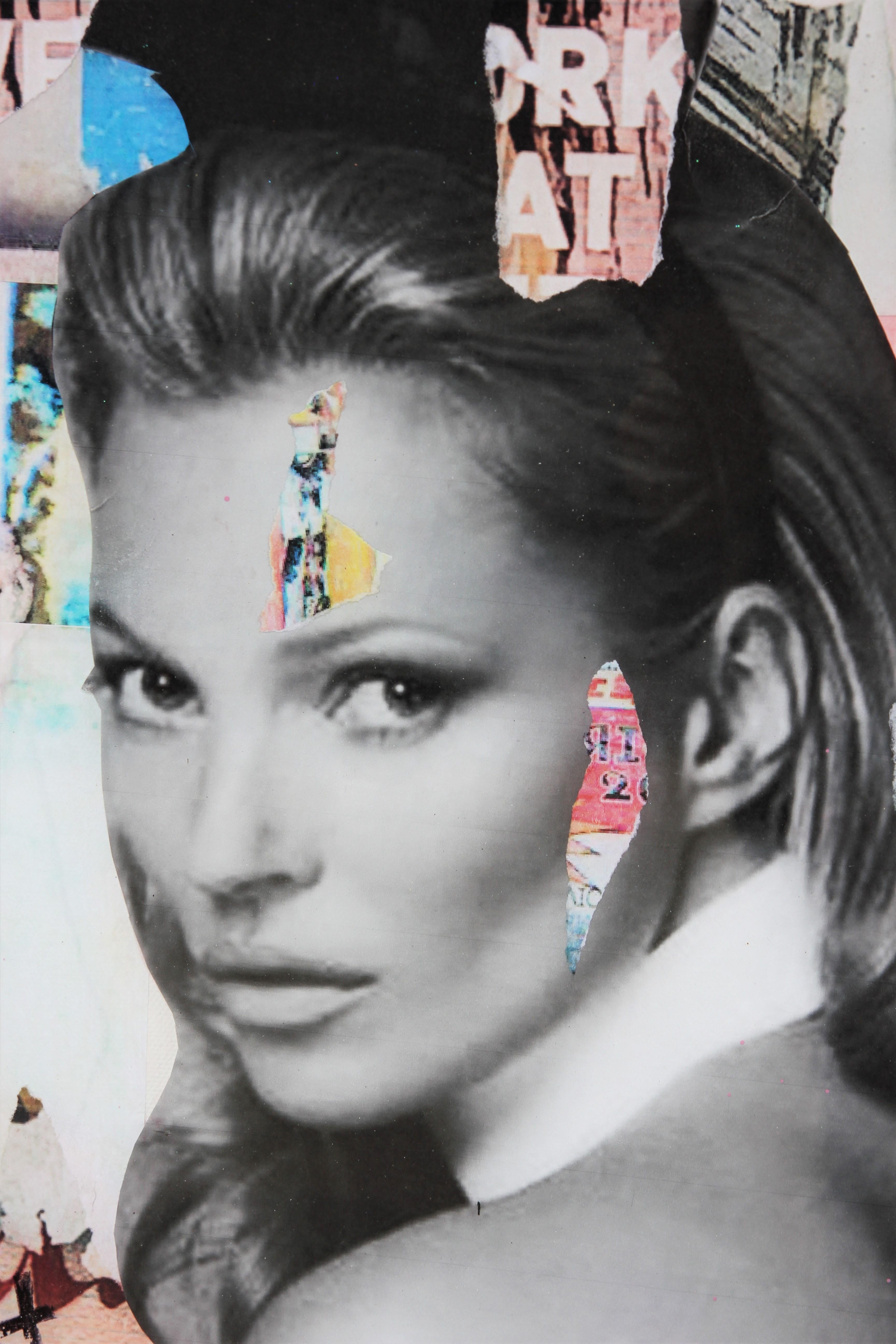 Colorful pop art mixed media collage by Houston, Texas artist Jim Hudek. Digitally printed black and white image of Kate Moss in a tuxedo playboy bunny costume against a background of colorful paint splotches with text at the top that reads