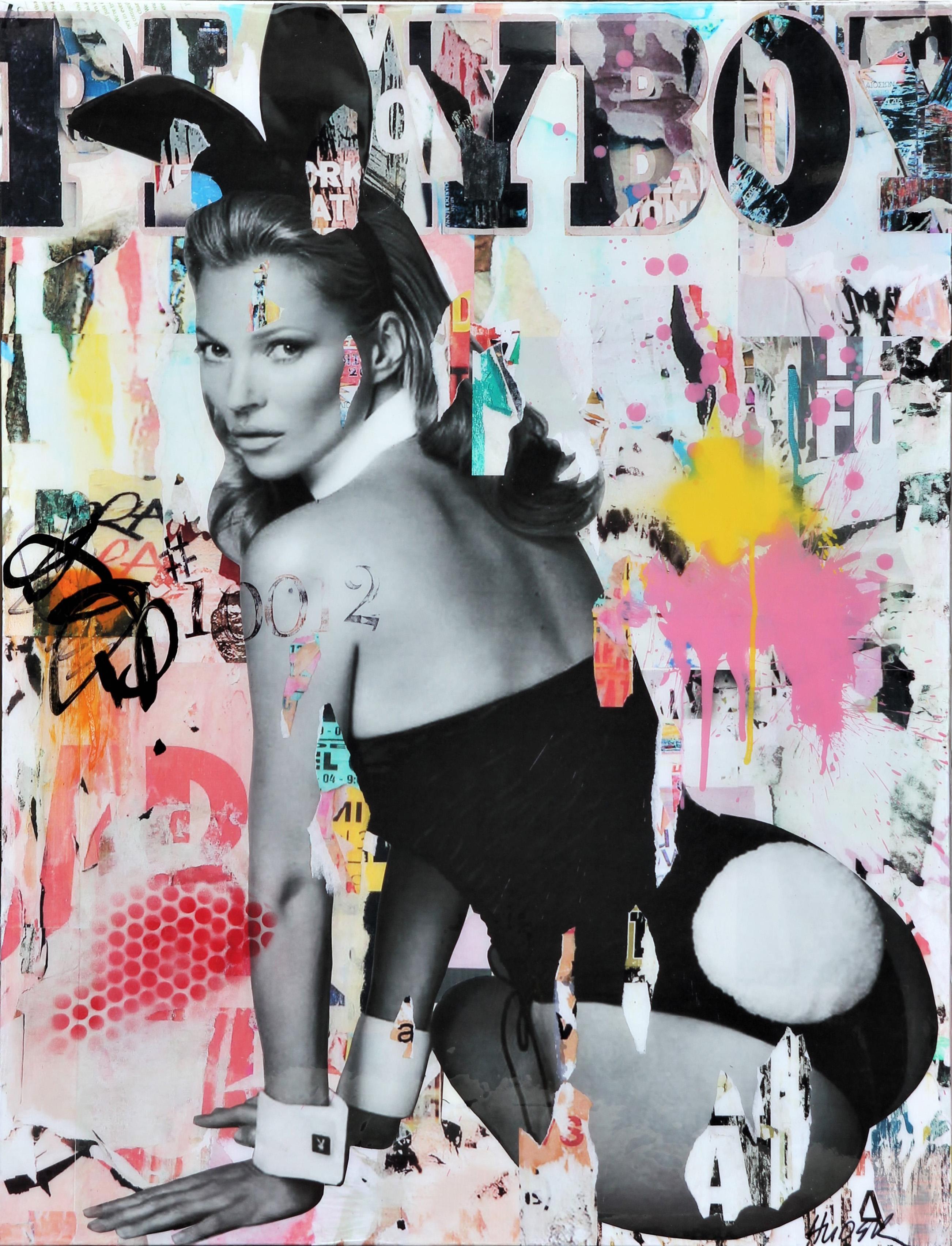 Jim Hudek Portrait Painting - "Bunny's Tale" Colorful Playboy Kate Moss Mixed Media Pop Art Resin Collage