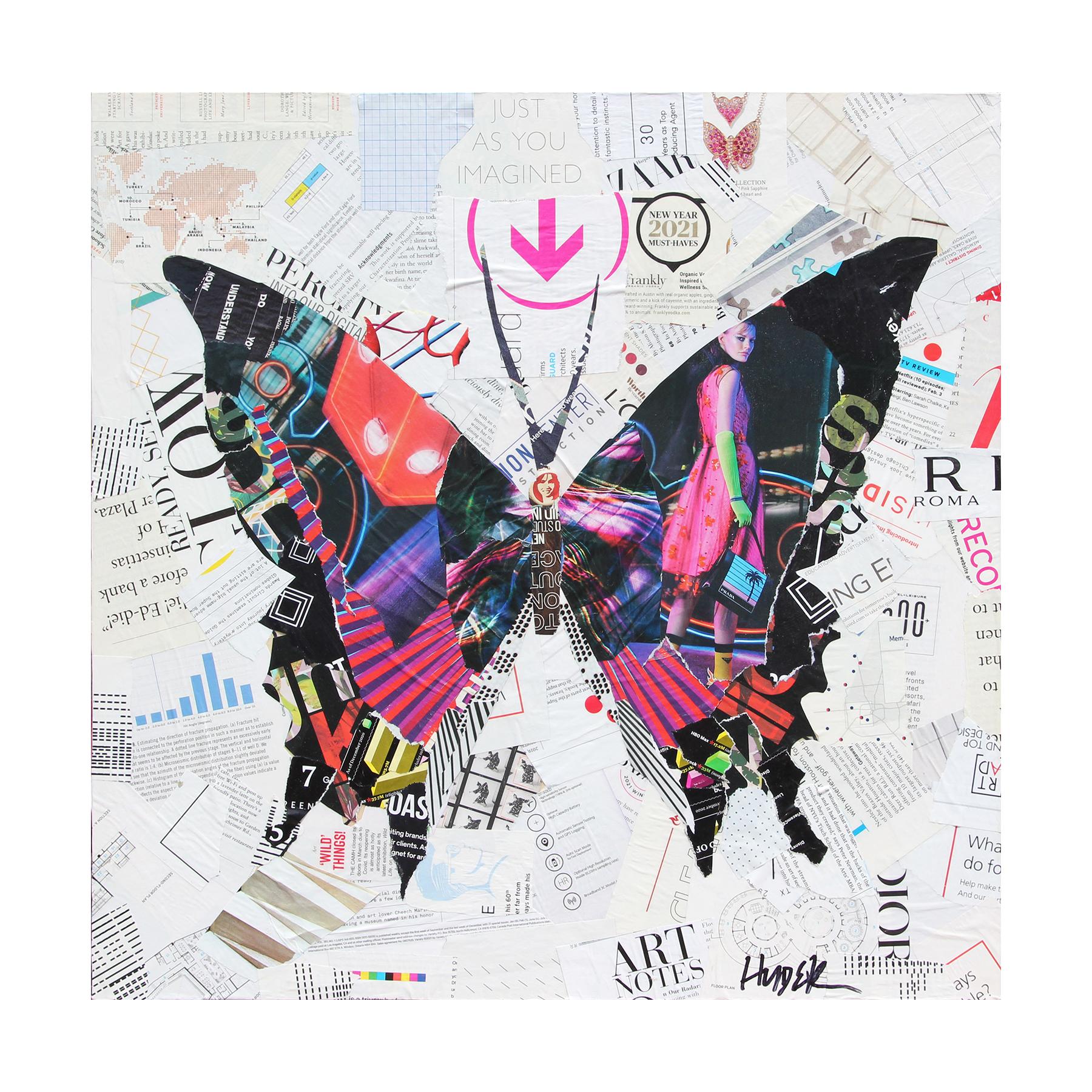 Contemporary Magenta Butterfly Mixed Media Pop Art Magazine Collage - Mixed Media Art by Jim Hudek