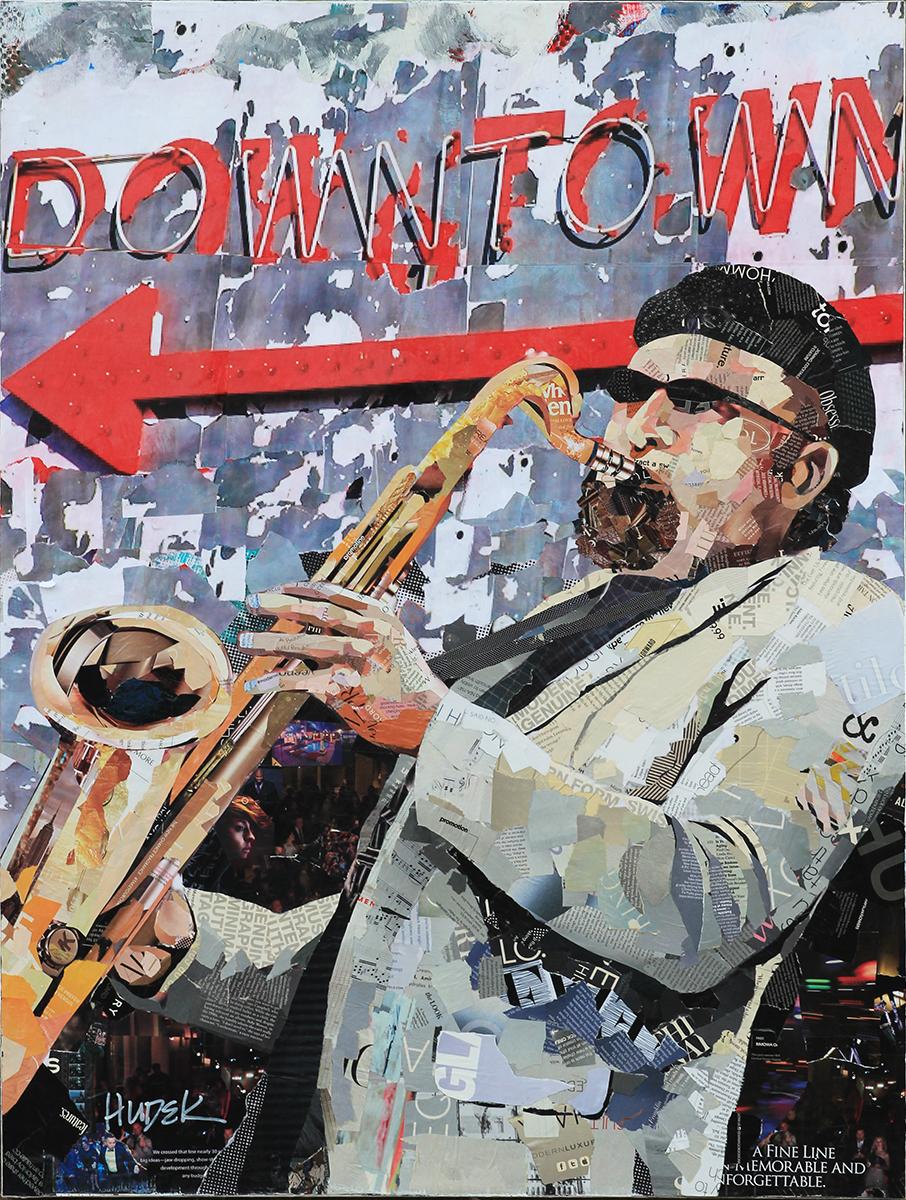 Jim Hudek Figurative Painting - “Downtown Jazz” Saxophone Musician Mixed Media Pop Art Assemblage Collage