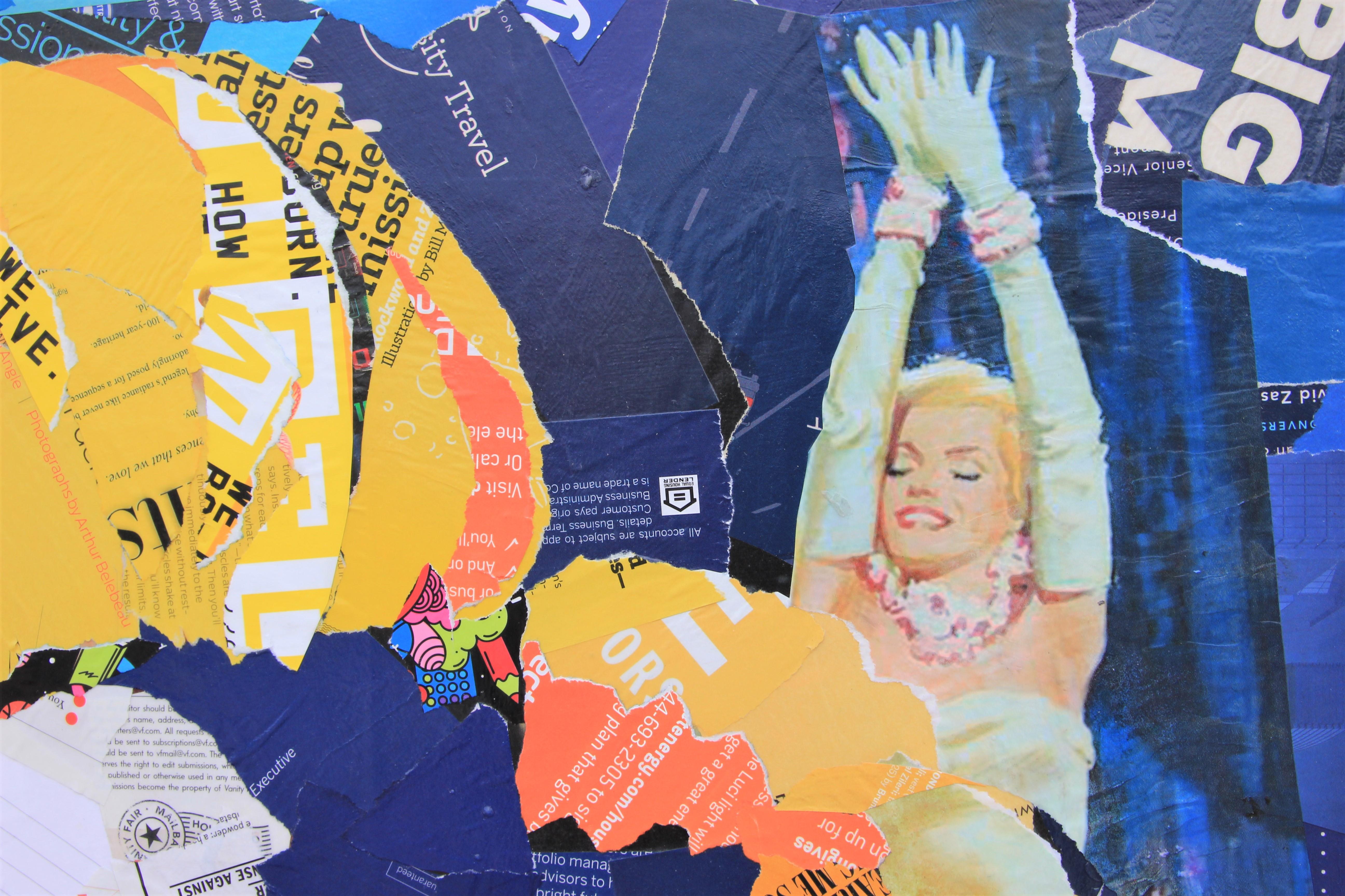 Colorful pop art mixed media collage by Houston, Texas artist Jim Hudek. Pink, yellow, and blue toned collage depicting Marilyn Monroe's face with her iconic blonde hair and red lips against a background of blue and pink magazine cutouts. Text on