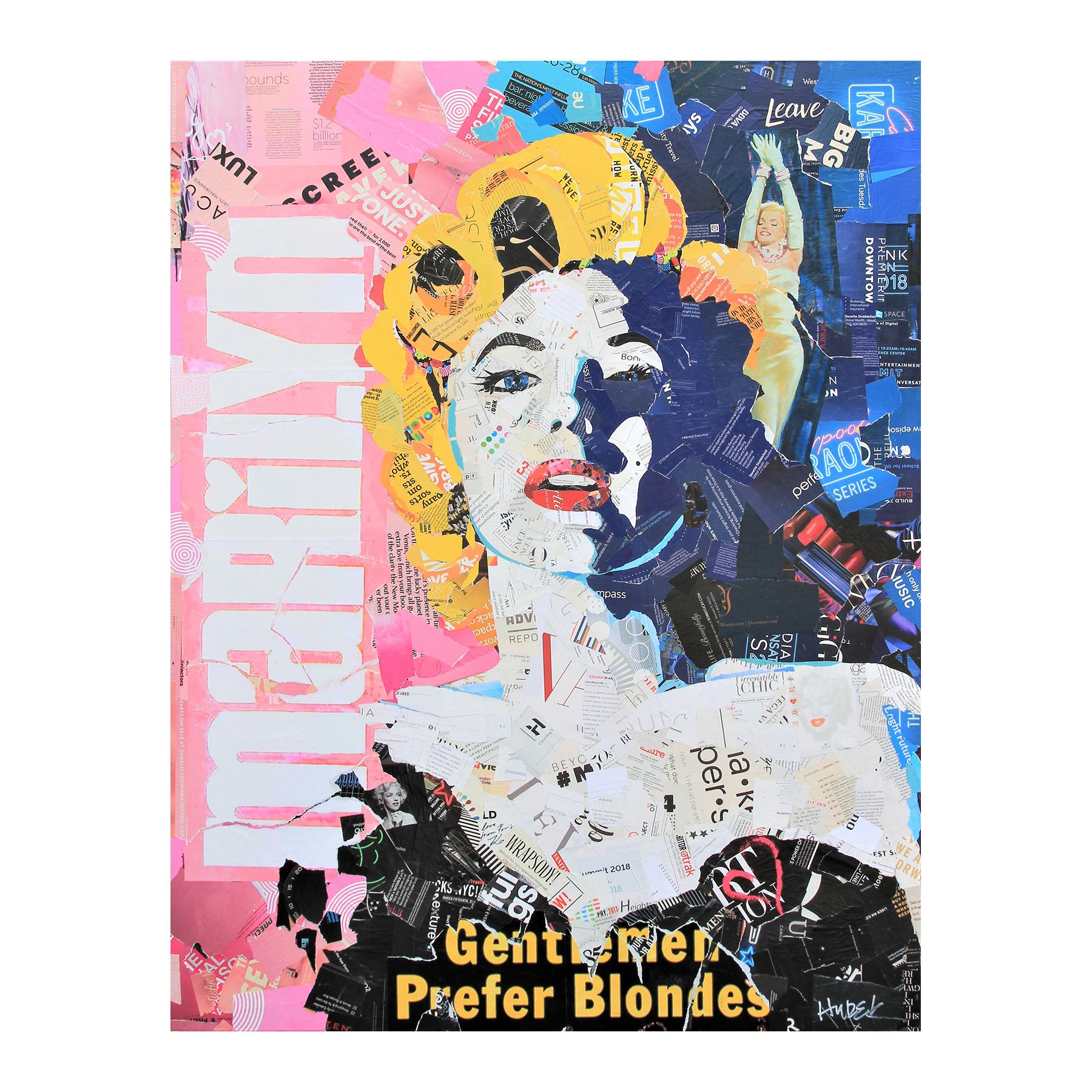 Jim Hudek Portrait Painting - "Gentlemen Prefer Blondes" Colorful Marilyn Monroe Pop Art Mixed Media Collage