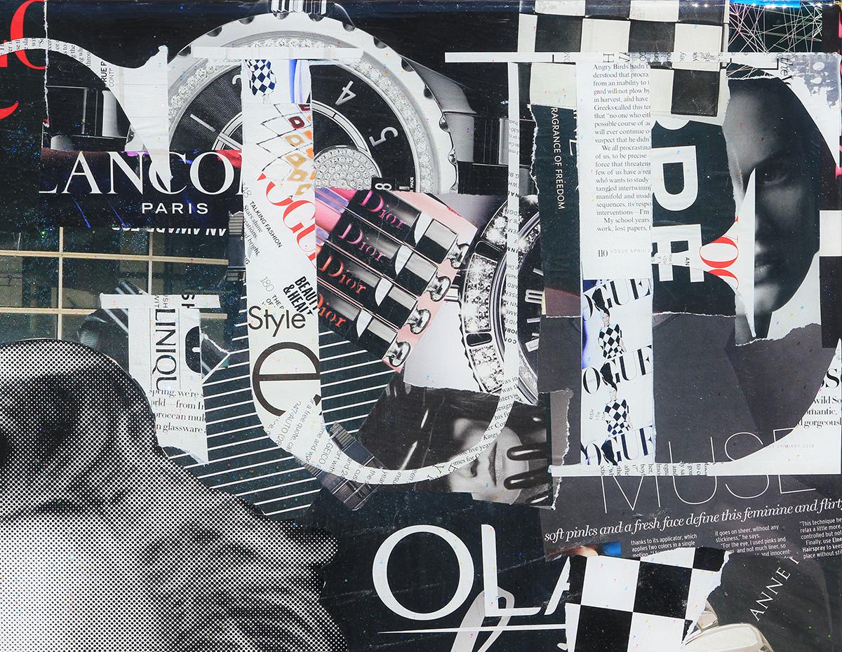 Black and white pop art mixed media collage by Houston, Texas artist Jim Hudek. Digitally printed black and white image of Marilyn Monroe against a background of magazine cutouts with the Vogue logo along the upper edge and the Chanel logo along the