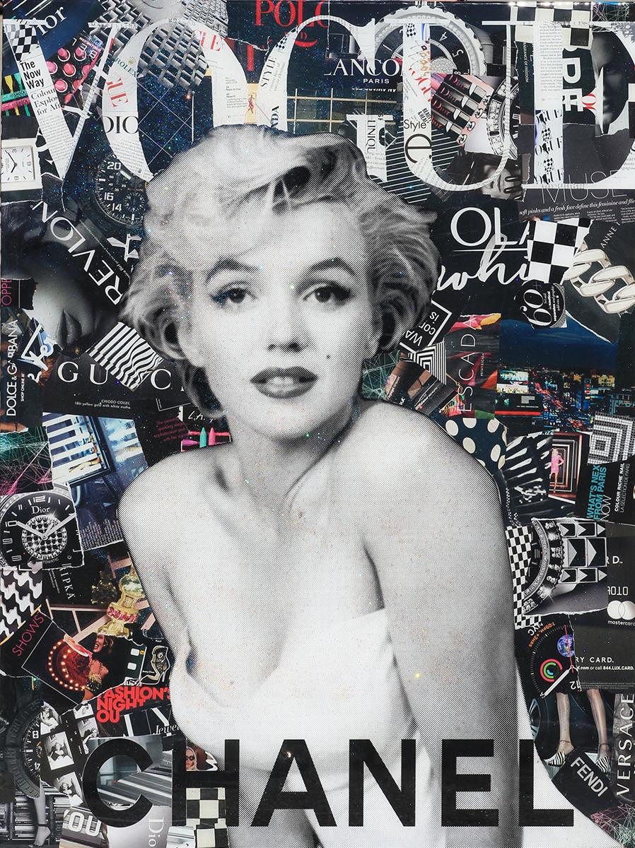 "Glitter Vogue" Black and White Pop Art Resin Collage Portrait of Marilyn Monroe - Mixed Media Art by Jim Hudek