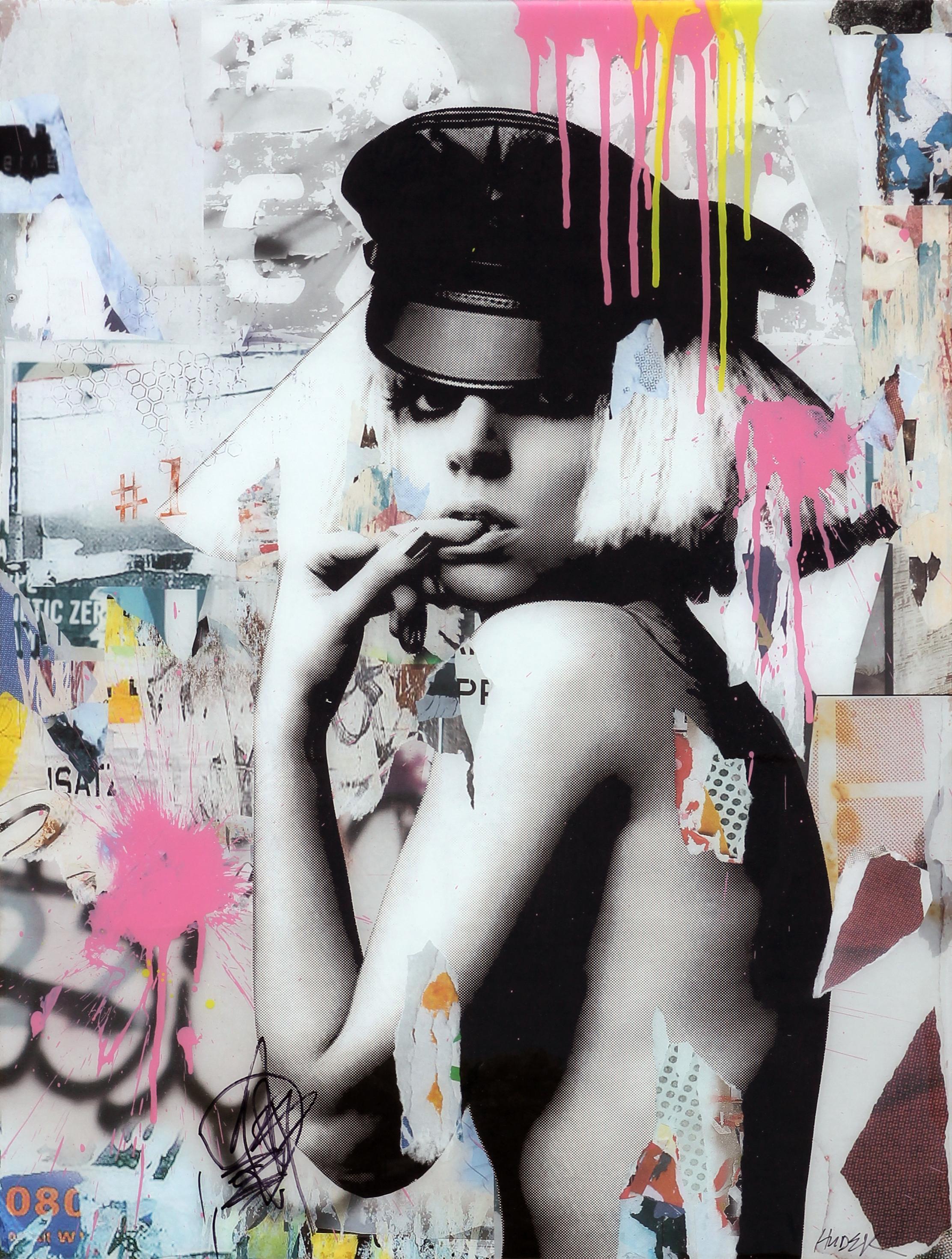 "Going Gaga" Black, White, Pink, & Yellow Pop Art Collage Portrait of Lady Gaga - Mixed Media Art by Jim Hudek