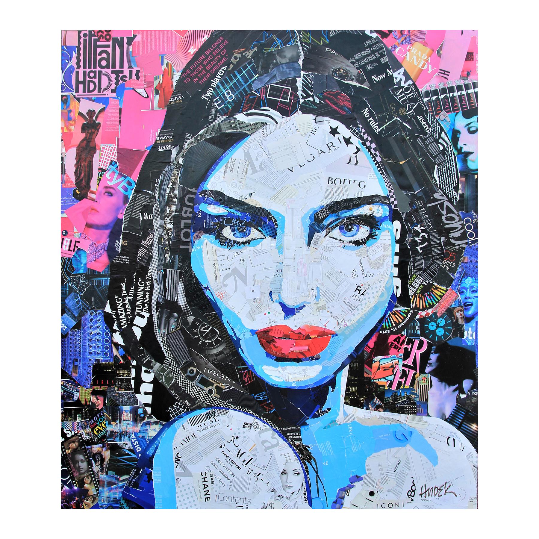 "I'm Here for the Soiree" Blue & Pink Toned Pop Art Mixed Media Collage Portrait