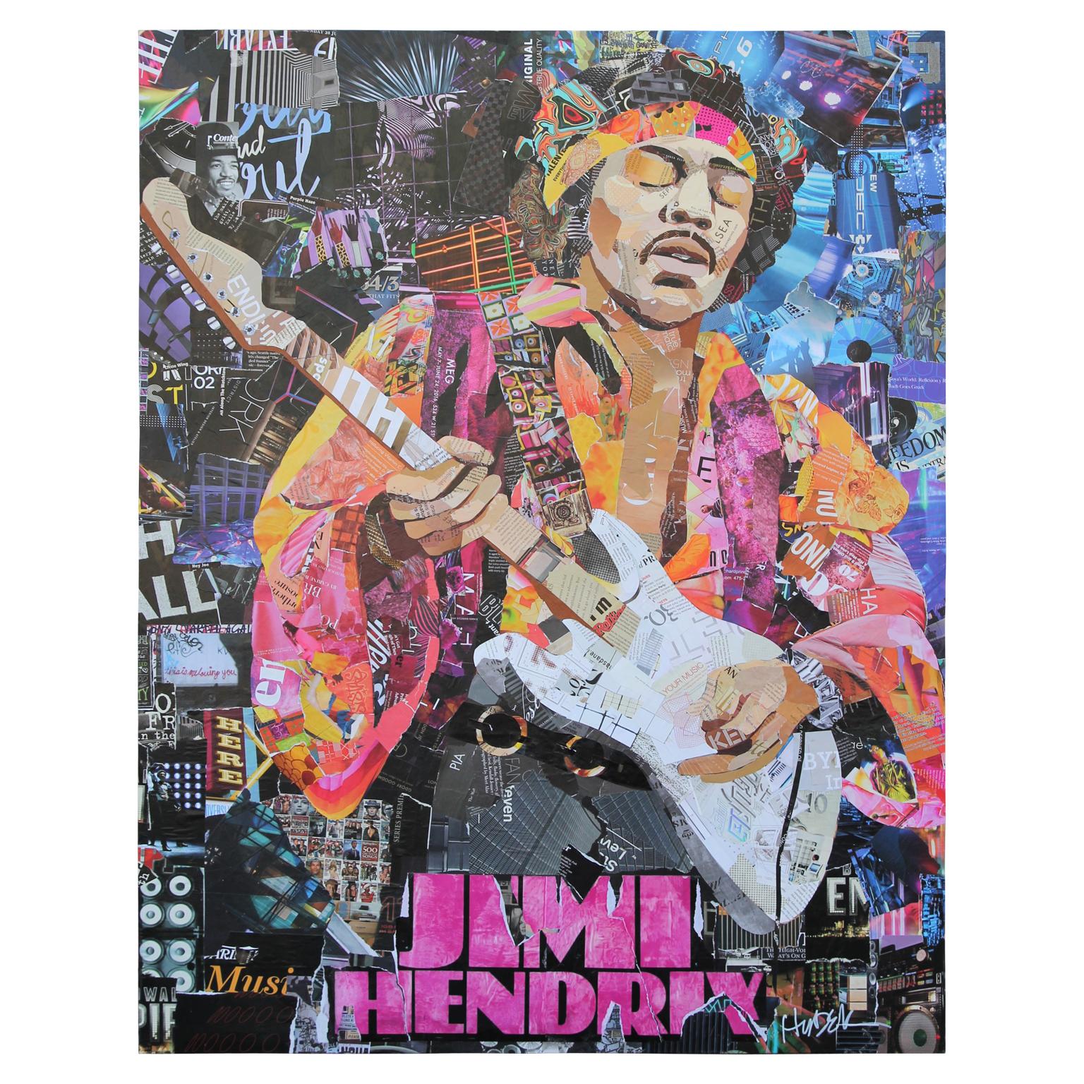 Jim Hudek Portrait Painting - "Jimi Hendrix" Contemporary Mixed Media Collage Portrait of Rock Guitarist