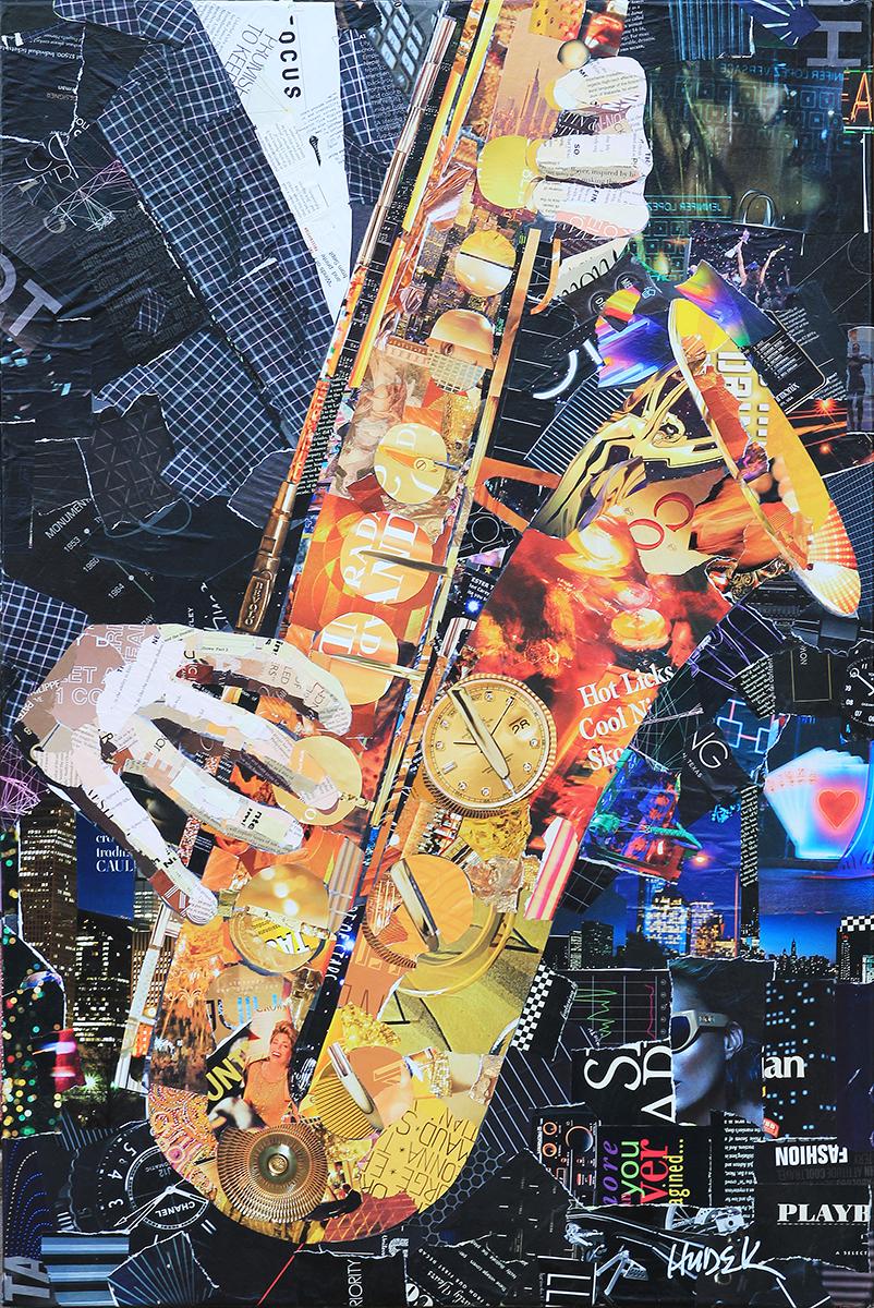 Jim Hudek Figurative Painting - “Just Sax” Saxophone Musician Mixed Media Pop Art Assemblage Collage