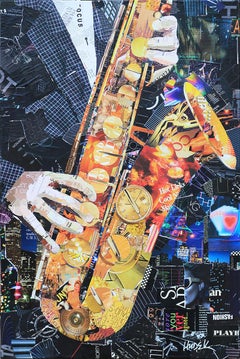 “Just Sax” Saxophone Musician Mixed Media Pop Art Assemblage Collage