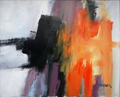 Grande peinture expressionniste abstraite orange, noire, violette et blanche