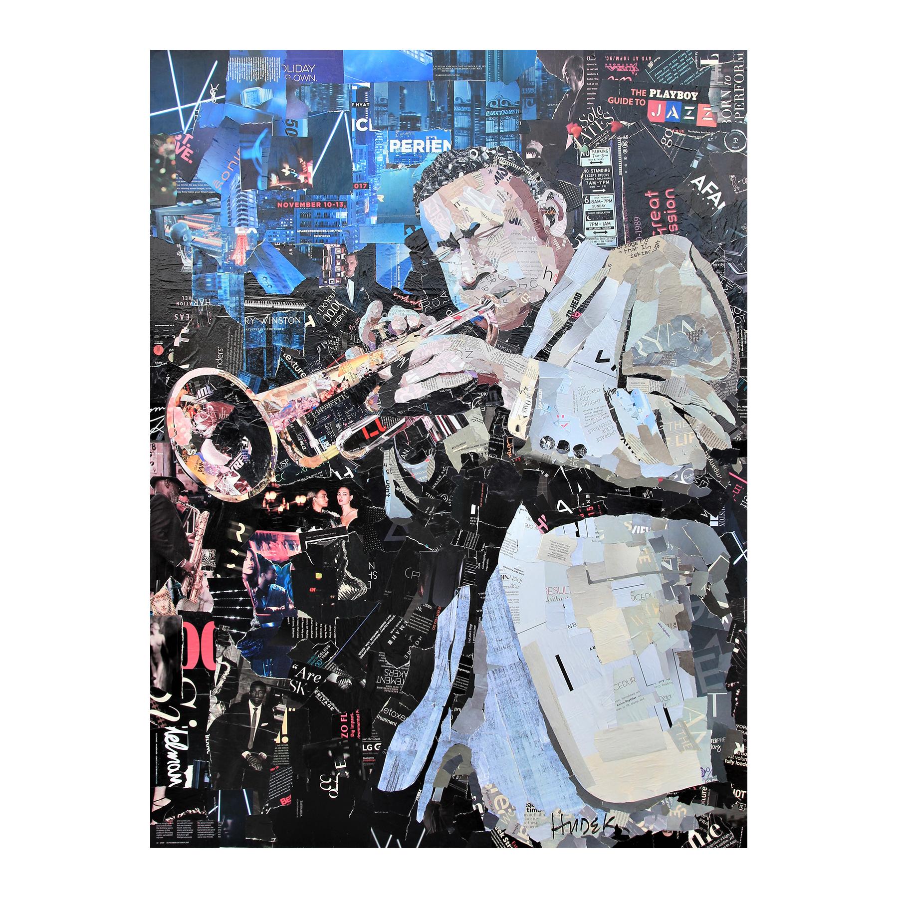 “Lee Morgan Jazz” Blue, Black, and Gray Pop Art Mixed Media Collage Portrait - Mixed Media Art by Jim Hudek
