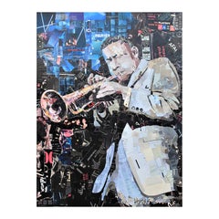 “Lee Morgan Jazz” Blue, Black, and Gray Pop Art Mixed Media Collage Portrait