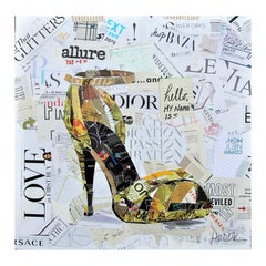 “Love at First Buy” Contemporary Yellow Heeled Shoe Mixed Media Pop Art Collage