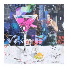 "Martini Set" Pink Martini Glass Mixed Media Pop Art Magazine Collage