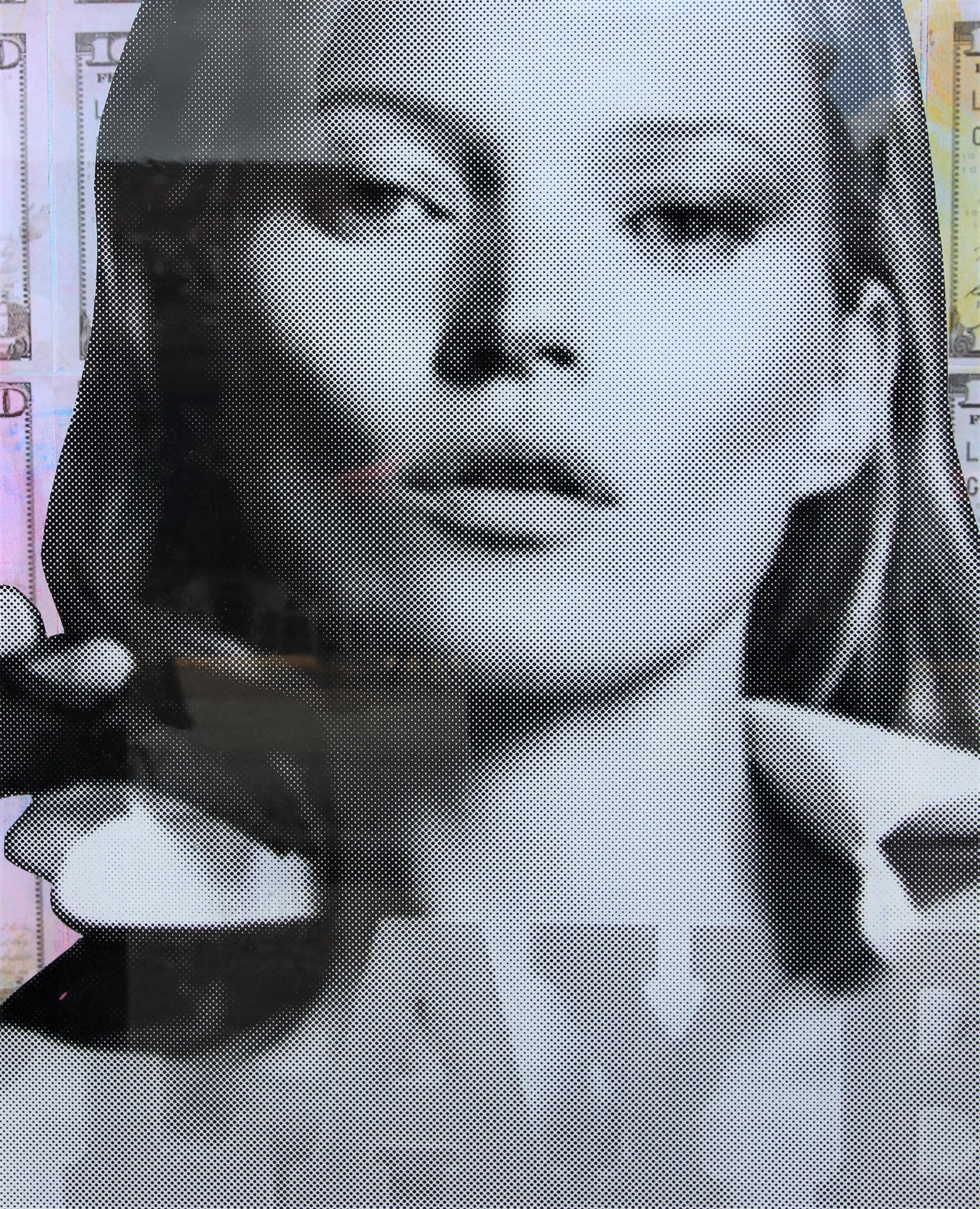 Colorful toned pop art mixed media collage by Houston, Texas artist Jim Hudek. Digitally printed black and white image of Kate Moss in a tuxedo playboy bunny costume against a background of pink, yellow, purple, and blue toned repetitive printed