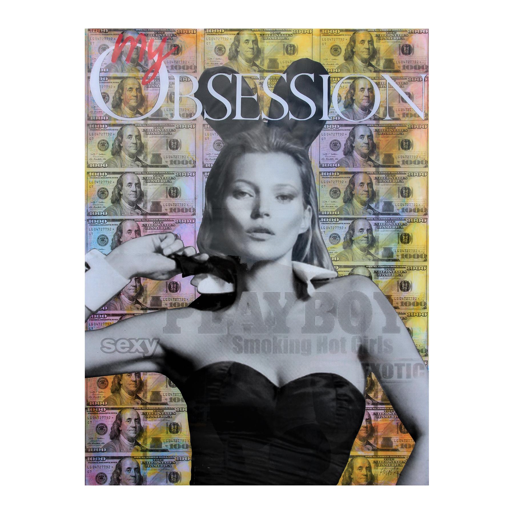 “My Obsession” Yellow Toned Kate Moss Playboy Mixed Media Pop Art Collage